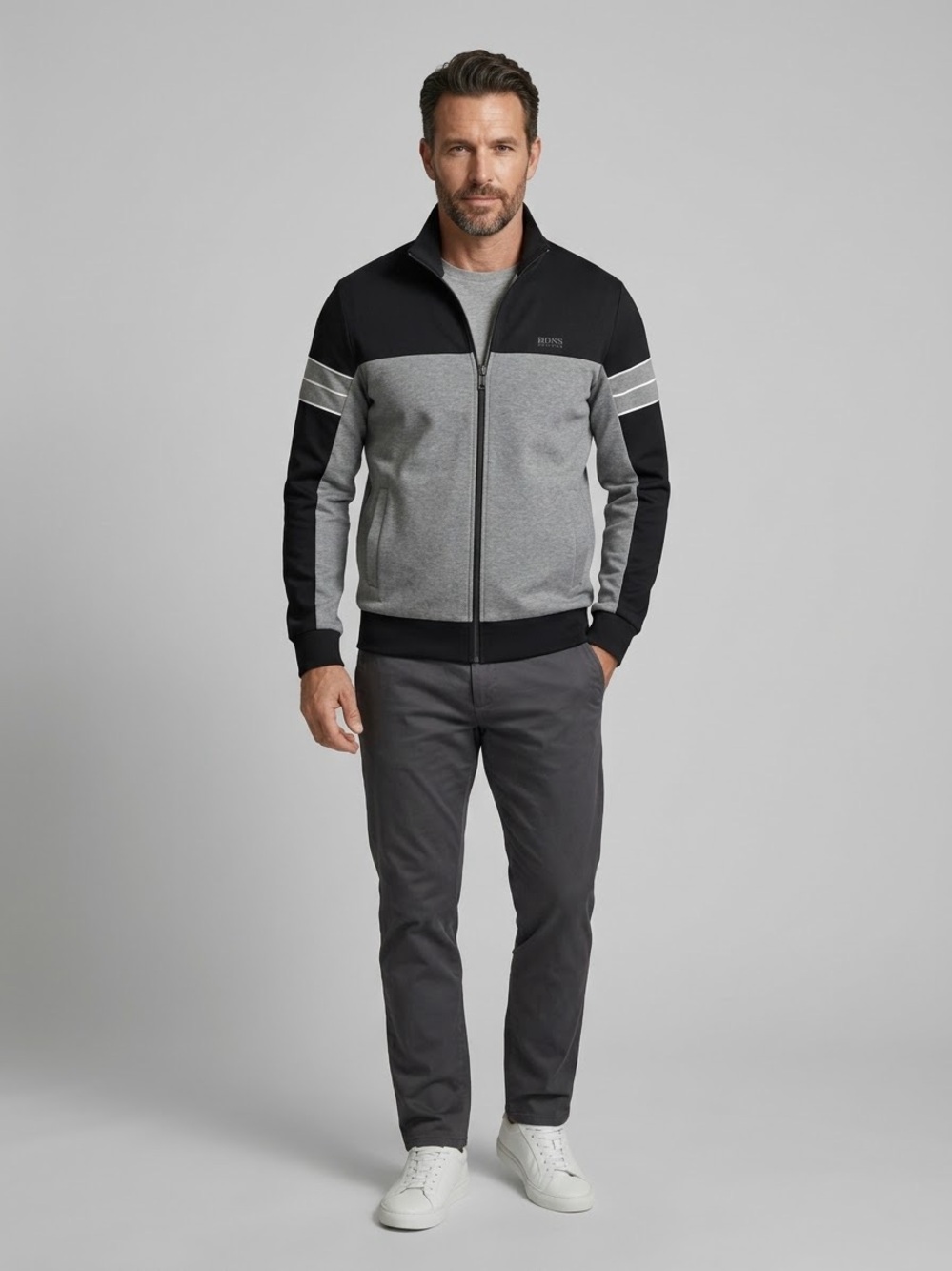 BOSS Hugo Boss Full-Zip Colorblock Track Jacket Mens Stand Collar Activewear